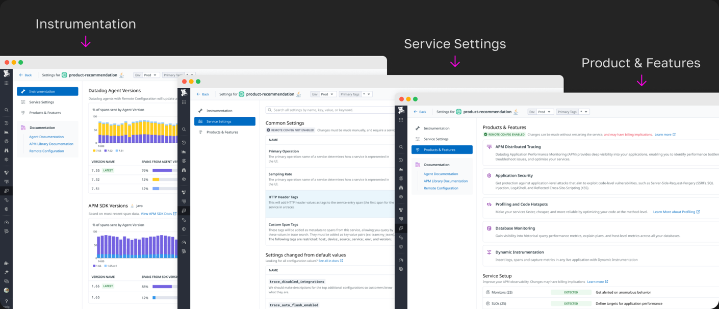 Screens from the first mid-fi prototype, showing the Instrumentation, Service Settings, and Product & Features tabs