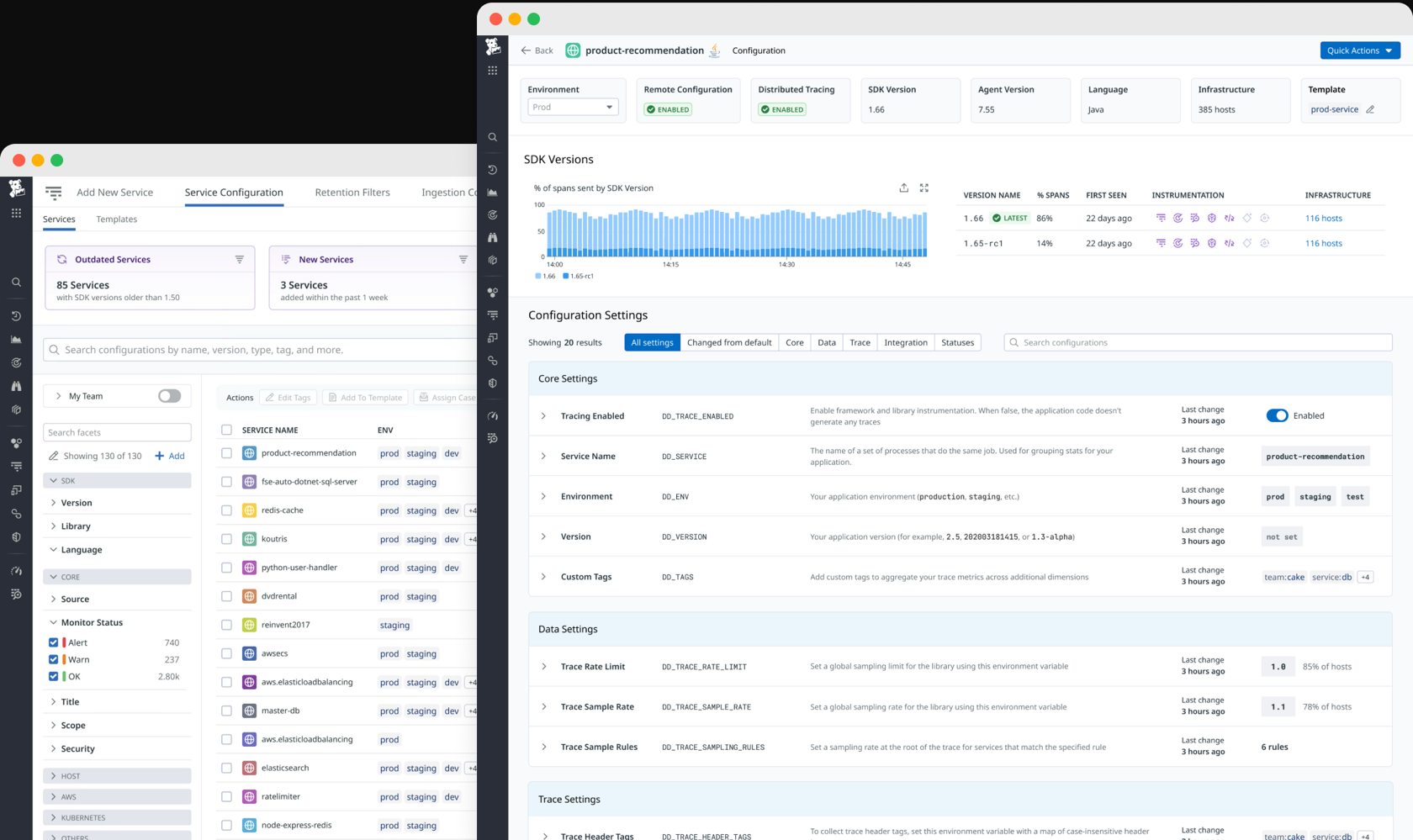 The Unified Service Settings page and Settings Hub screens in the Datadog app
