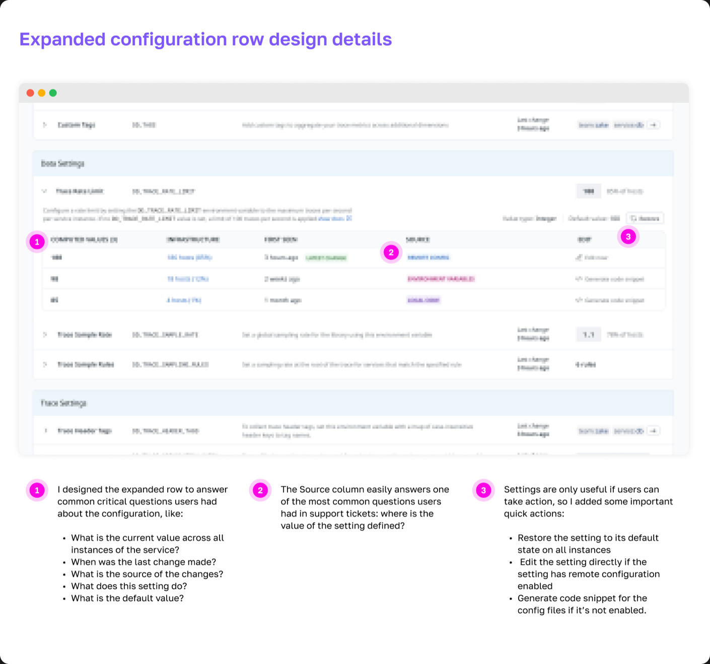 The expanded configuration row with annotated design details