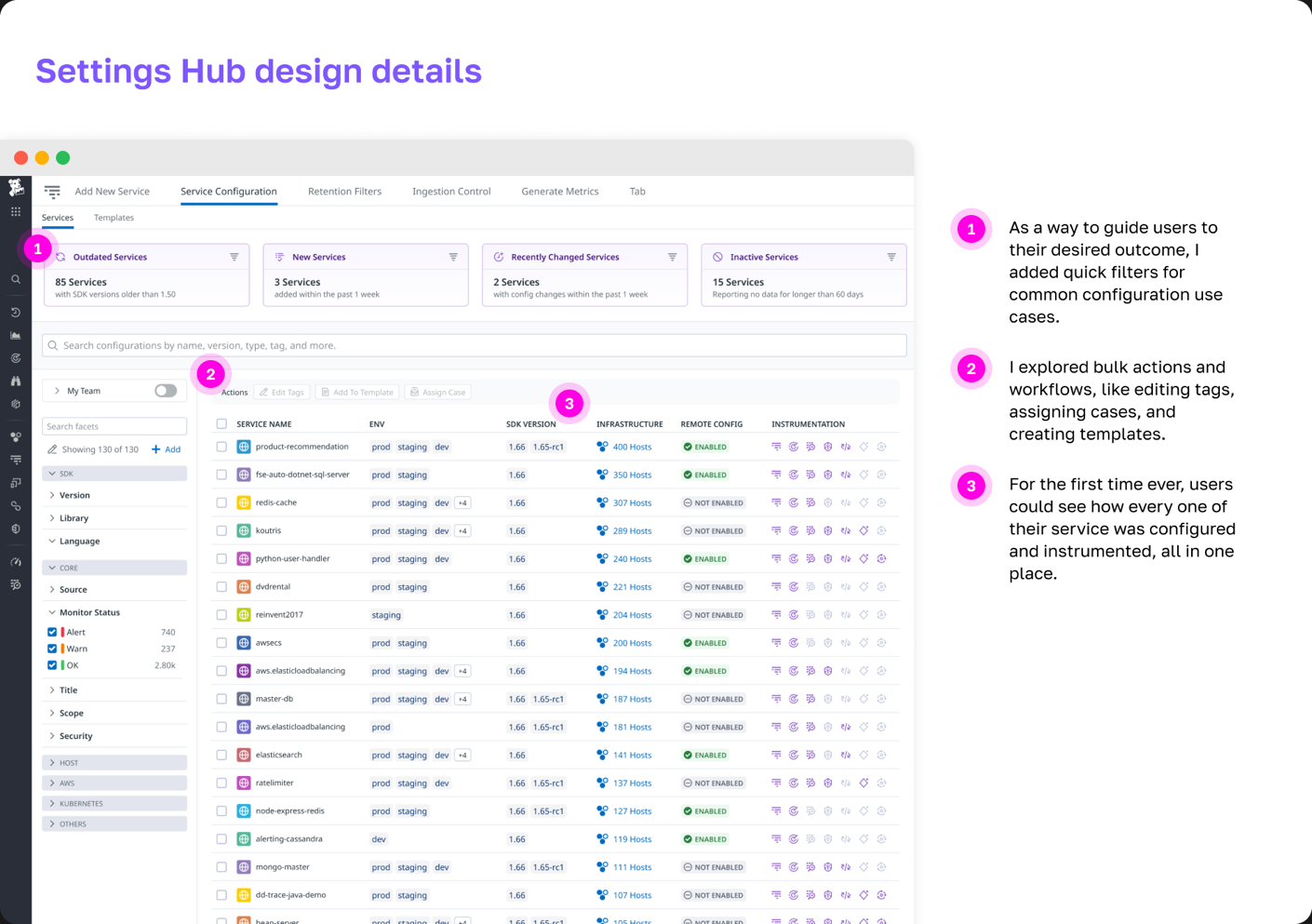 The Settings Hub page with annotated design details