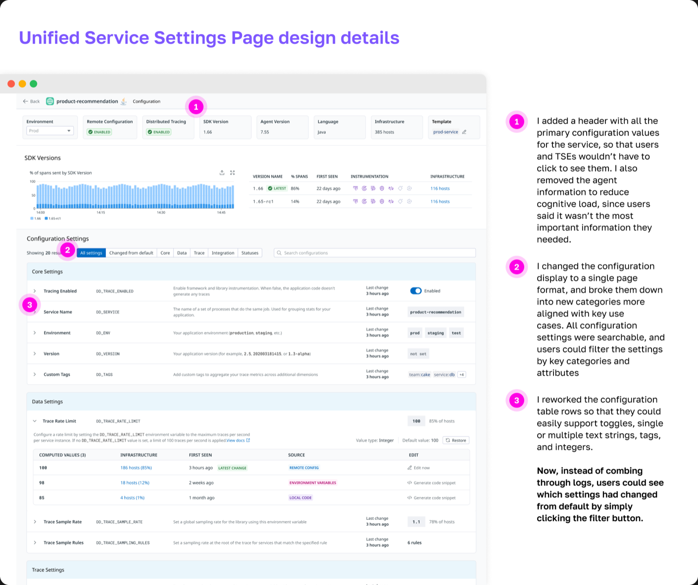 The Unified Service Settings page with annotated design details