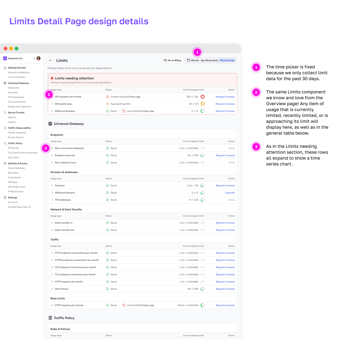 The Limits Detail page with annotated design details