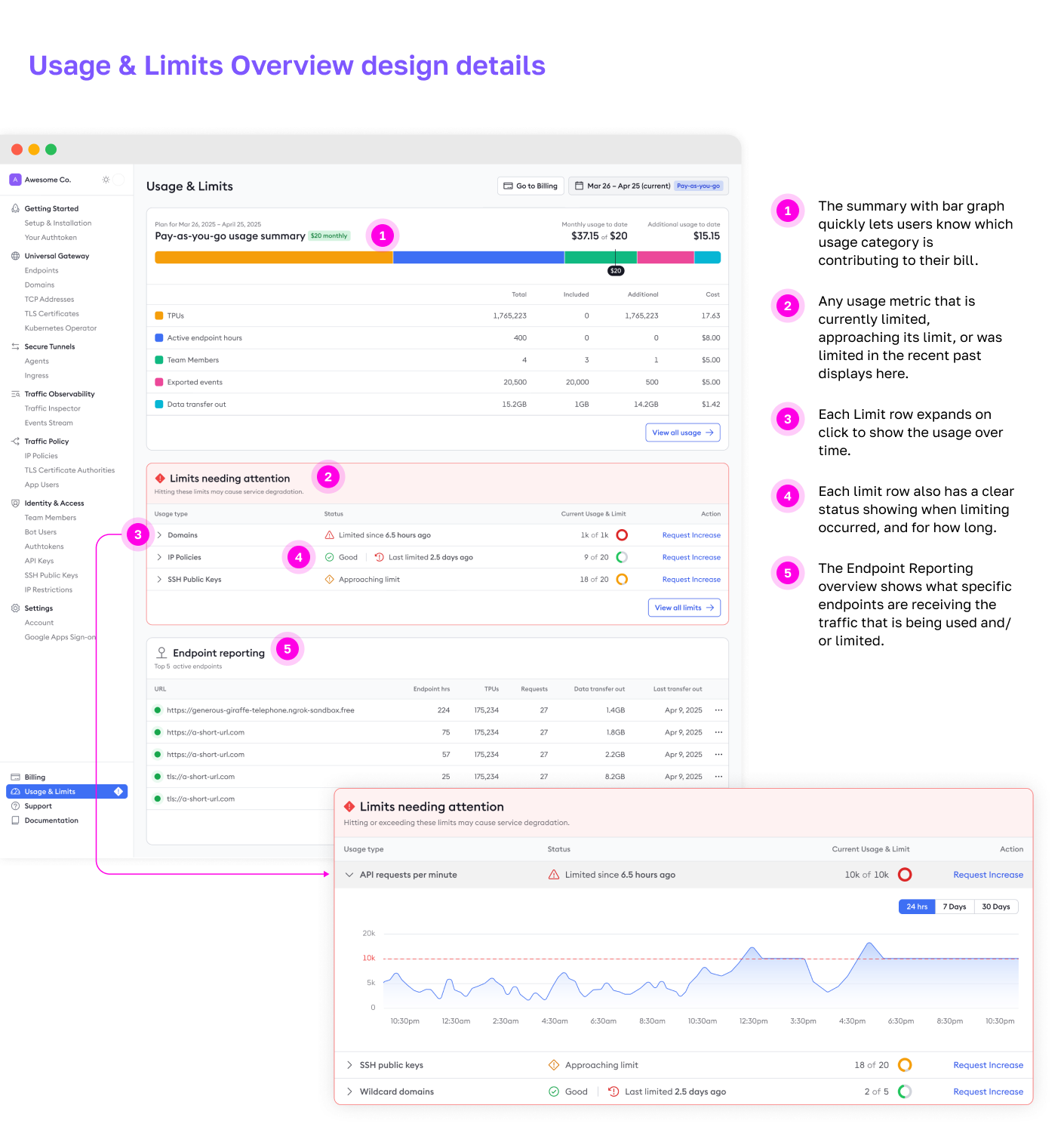 The Usage & Limits Overview page with annotated design details